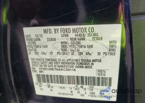 2010 Ford Escape Limited z USA, uszkodzony, nr VIN 1FMCU0E76AKC59116